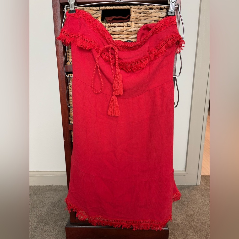 Lulu's Strapless Red Tassel Fringe Midi Dress